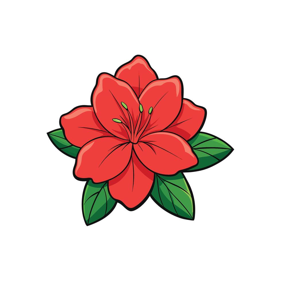 Vivid red azalea flower with green leaves illustration vector