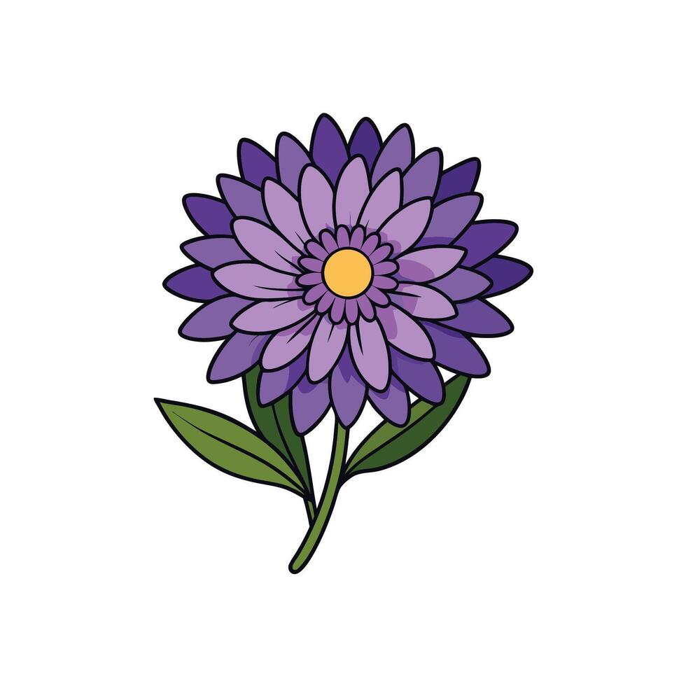 Stylized purple daisy with green leaves on white background vector