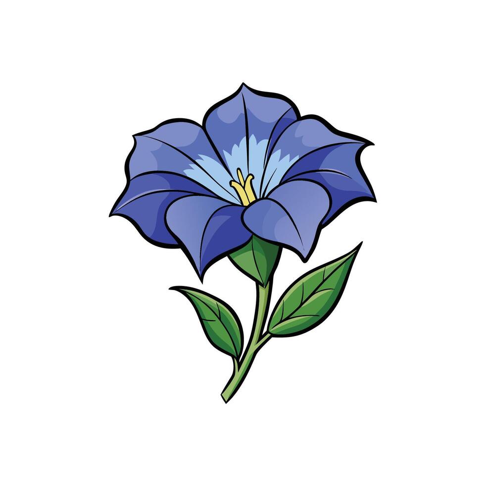 Vibrant blue cartoon flower with green stem and leaves vector