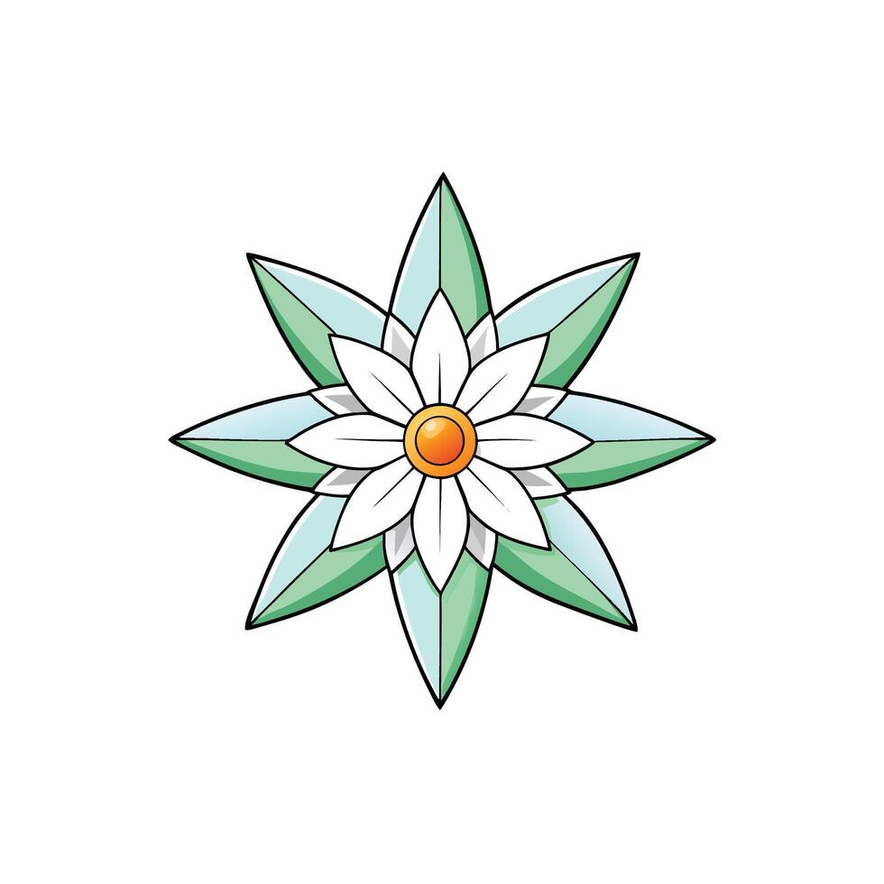 Eight pointed flower with white petals and green leaves vector