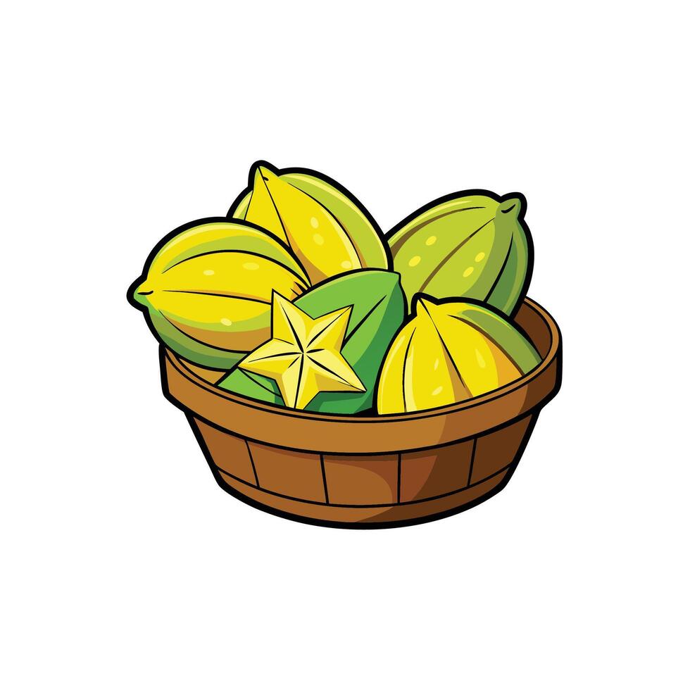 Carambola in a wooden basket with green leaf vector