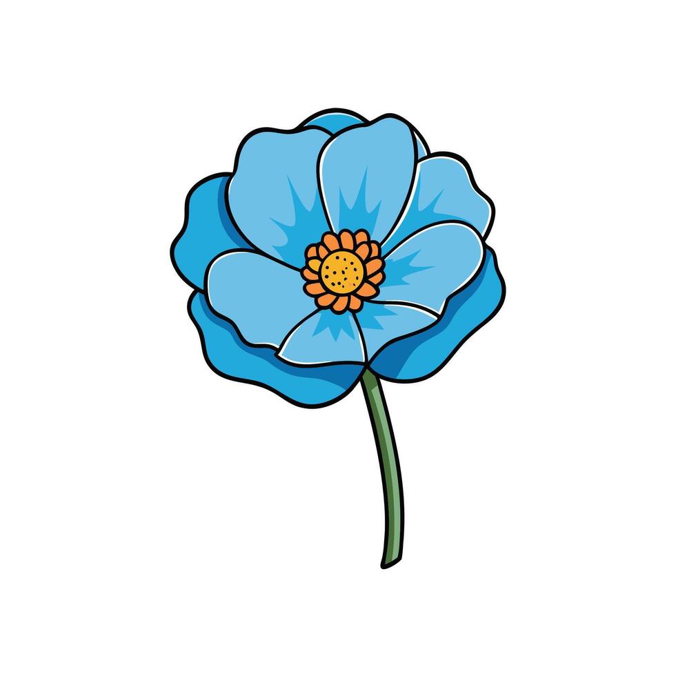 Stylized blue flower with orange center and green stem vector