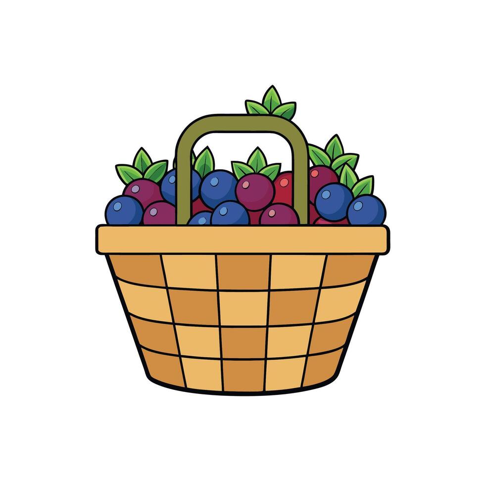 A Wicker Basket Filled with Fresh Blueberries and Leaves vector