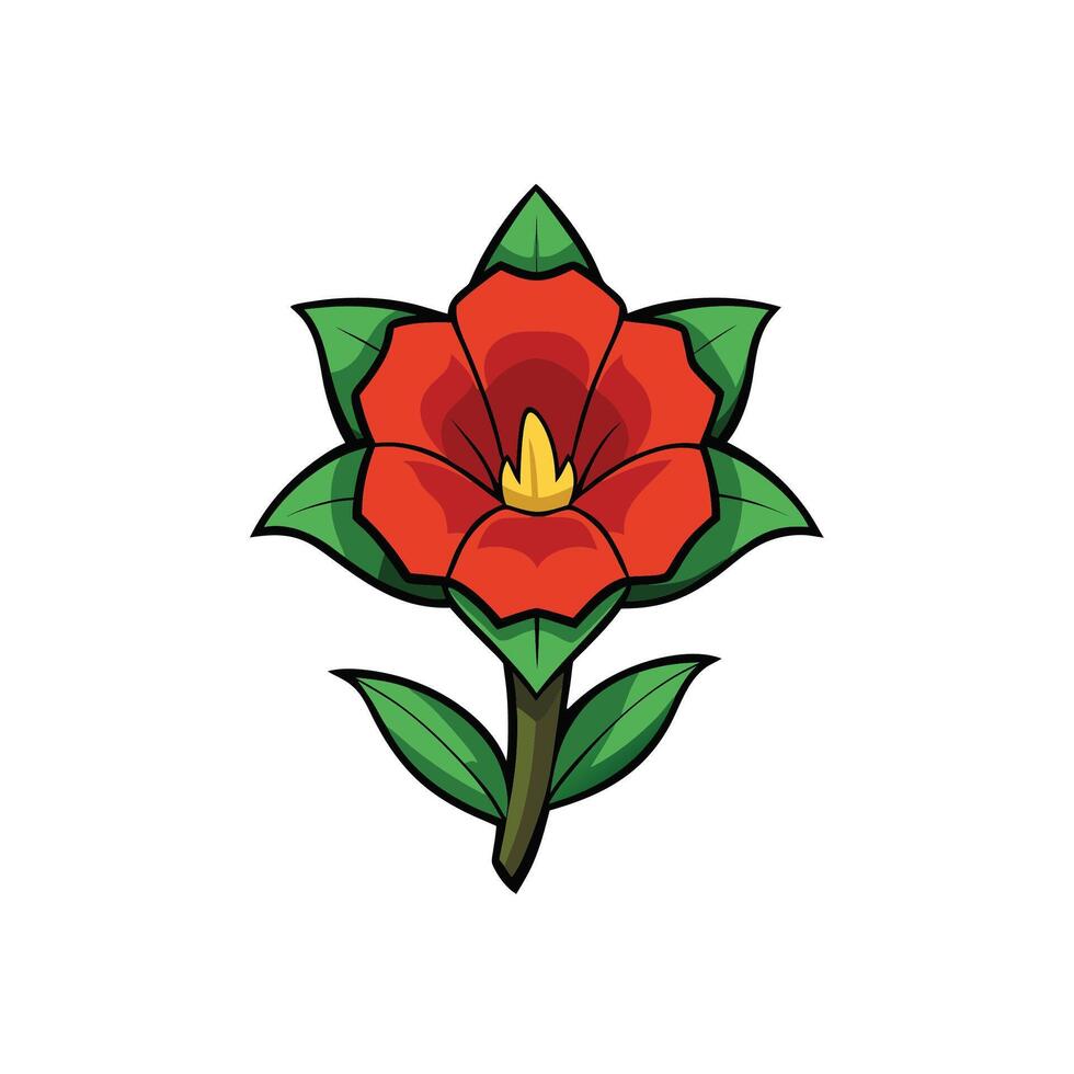 Stylized red flower illustration with green leaves and stem vector