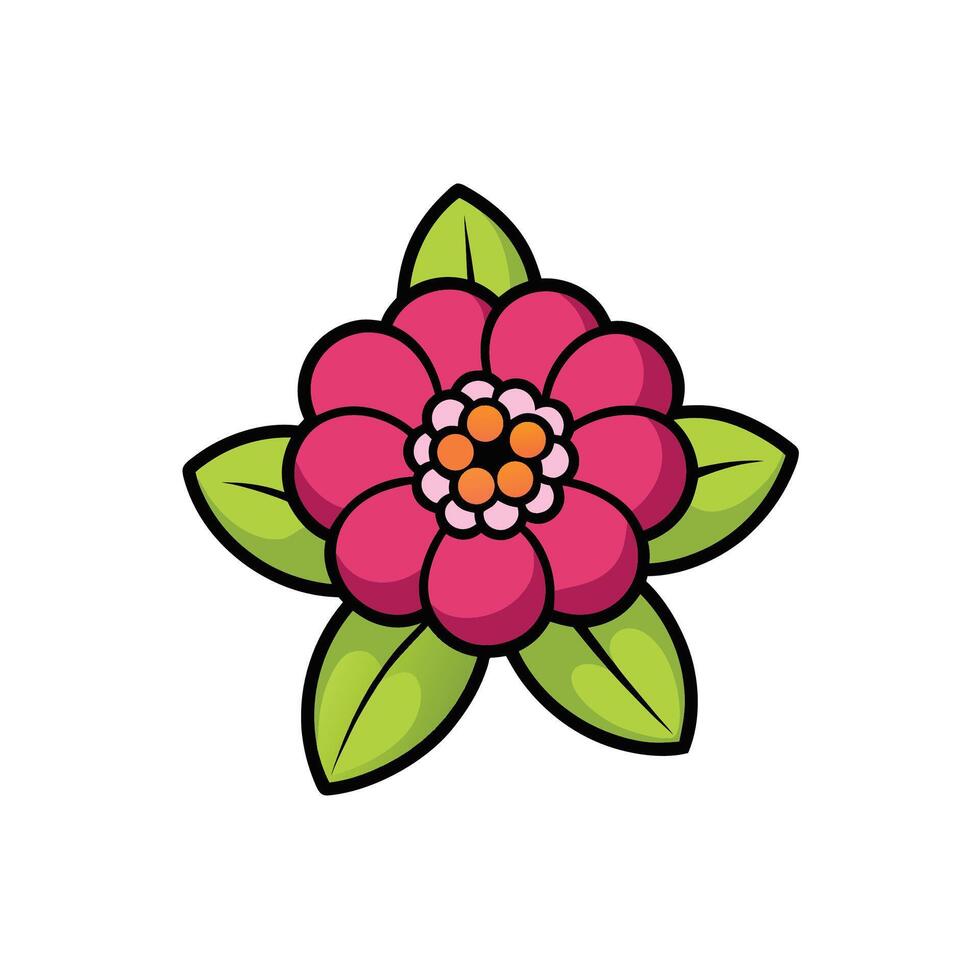 Vibrant pink flower with green leaves flat design vector