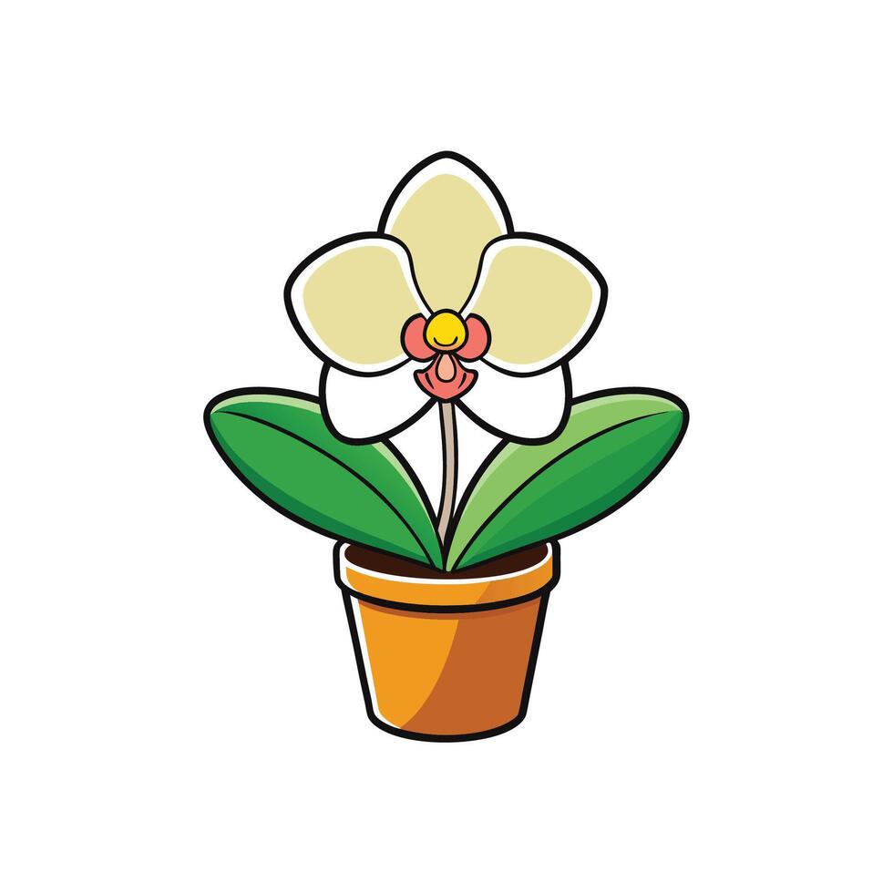 Stylized yellow orchid in a pot with green leaves vector