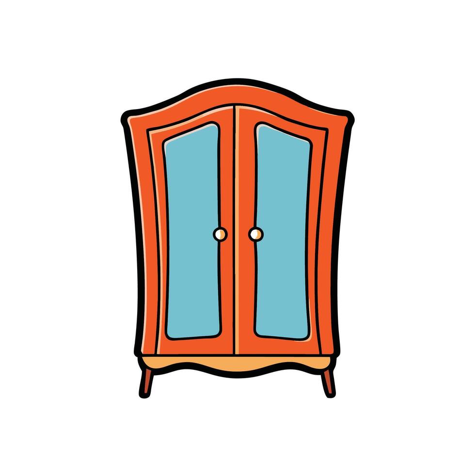 Cartoon orange wardrobe with blue doors standing alone isolated vector