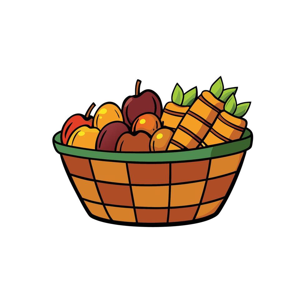 Vibrant basket overflowing with fruits and fresh root vegetables vector