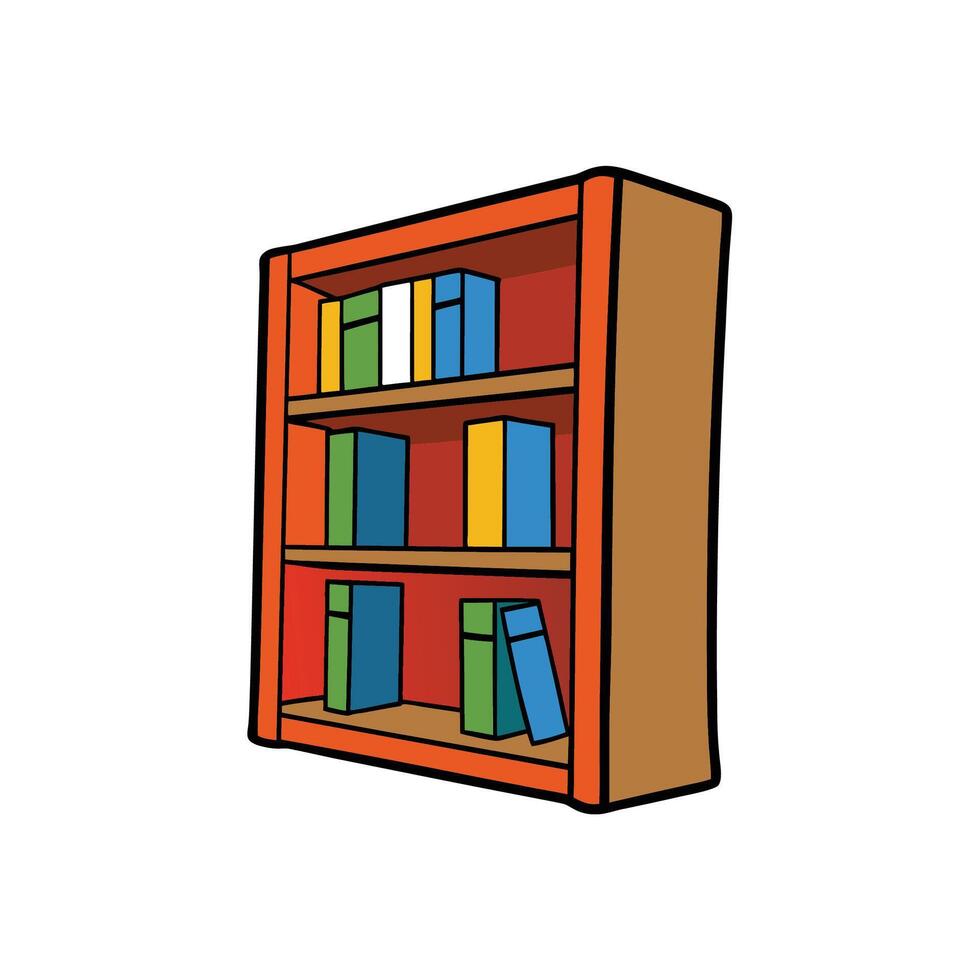 Cartoon style bookshelf with colorful books on white background vector