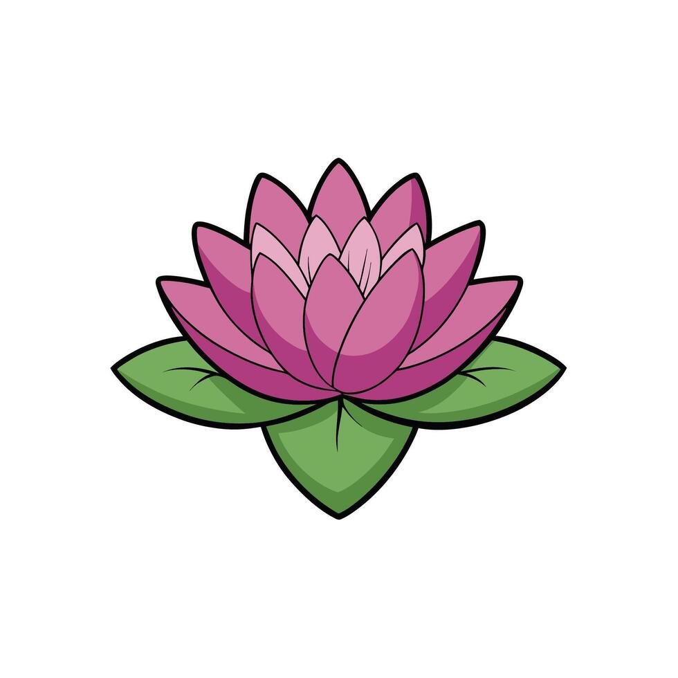 Stylized lotus flower illustration with green leaves. Simple design, clean lines, and flat colors. vector