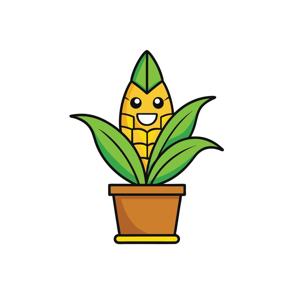 Happy corn in a pot with leaves illustration vector