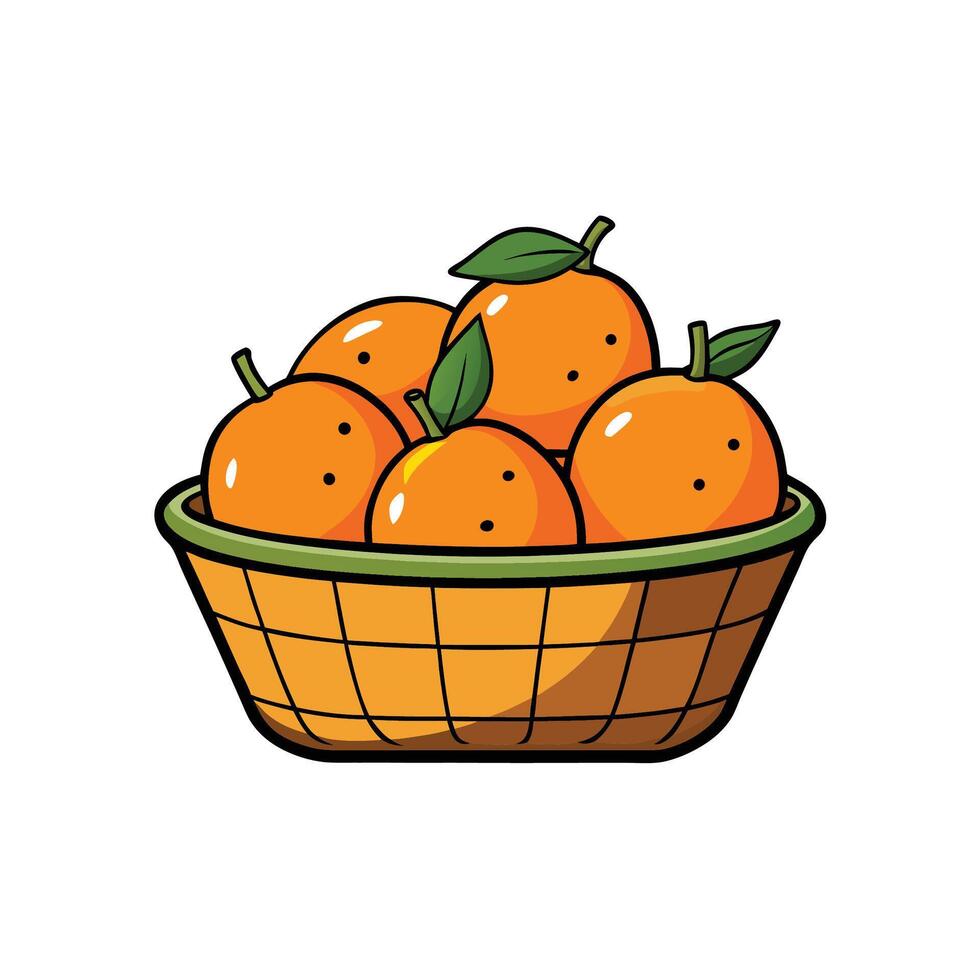 Vibrant cartoon oranges in a wicker basket illustration vector