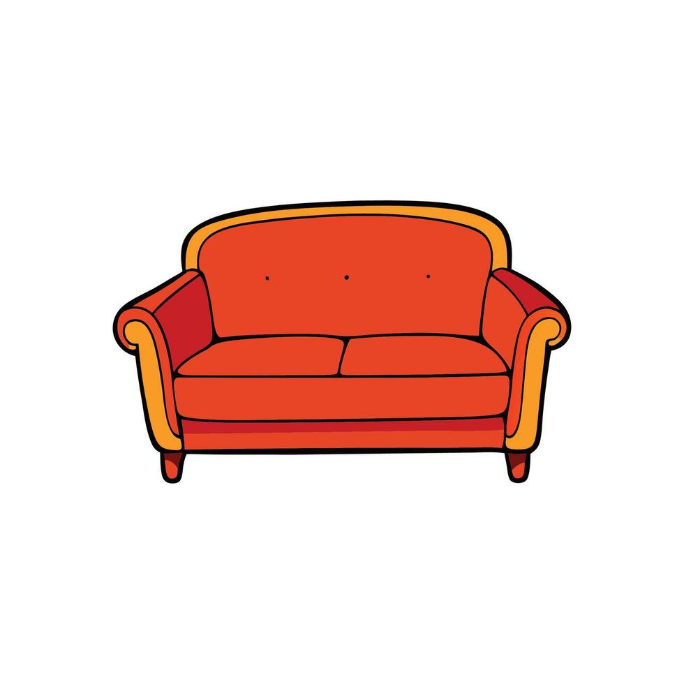 Cartoon orange sofa illustration, seating furniture with thick outlines vector