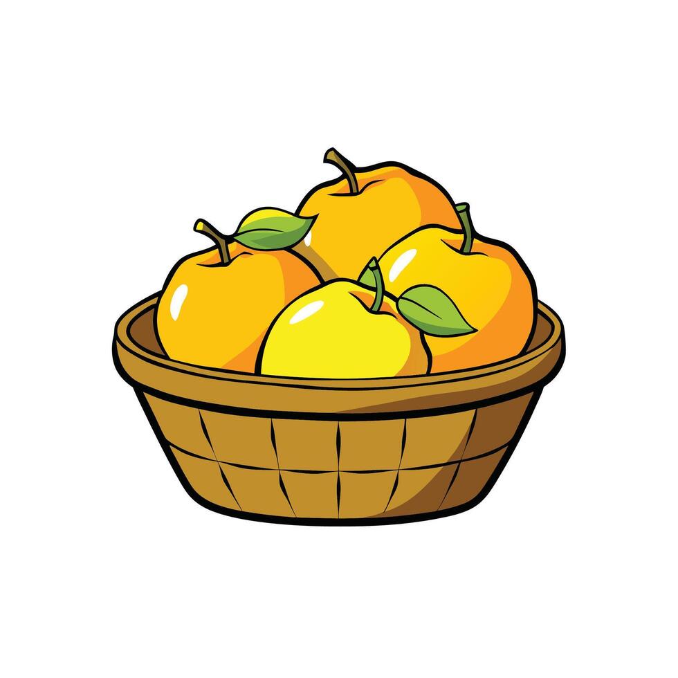 Golden apples and leaves in a brown wicker basket vector