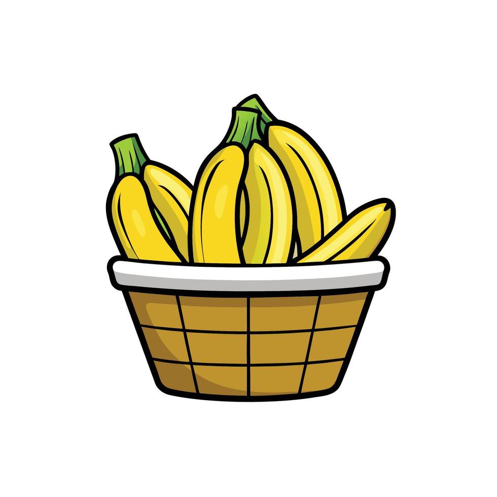 Cartoon basket overflowing with ripe yellow bananas illustration vector