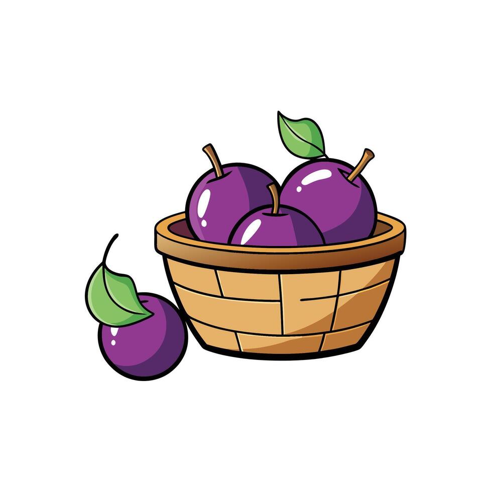 Cartoon plums in a basket with leaf accents vector
