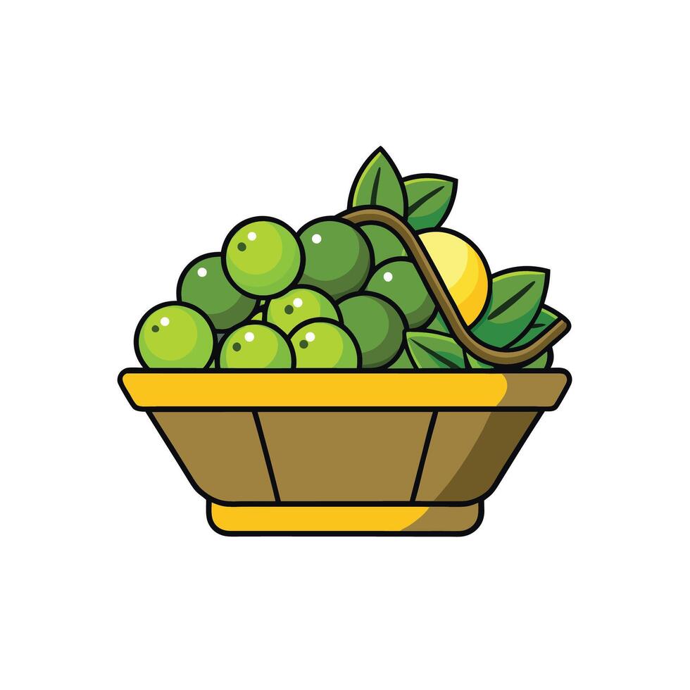 Green grapes with lemon and leaves in a brown basket vector