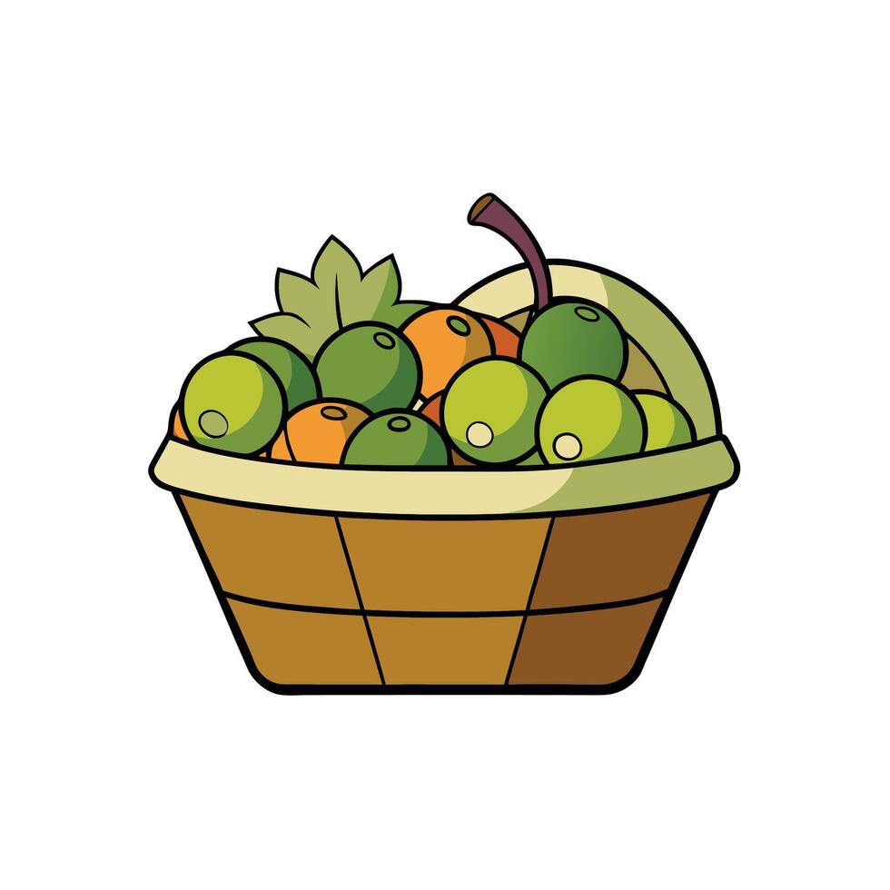 Stylized cartoon basket overflowing with fruits and leaves illustration vector