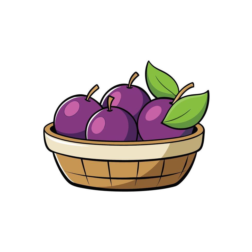 Cartoon plums in basket illustration isolated on white vector