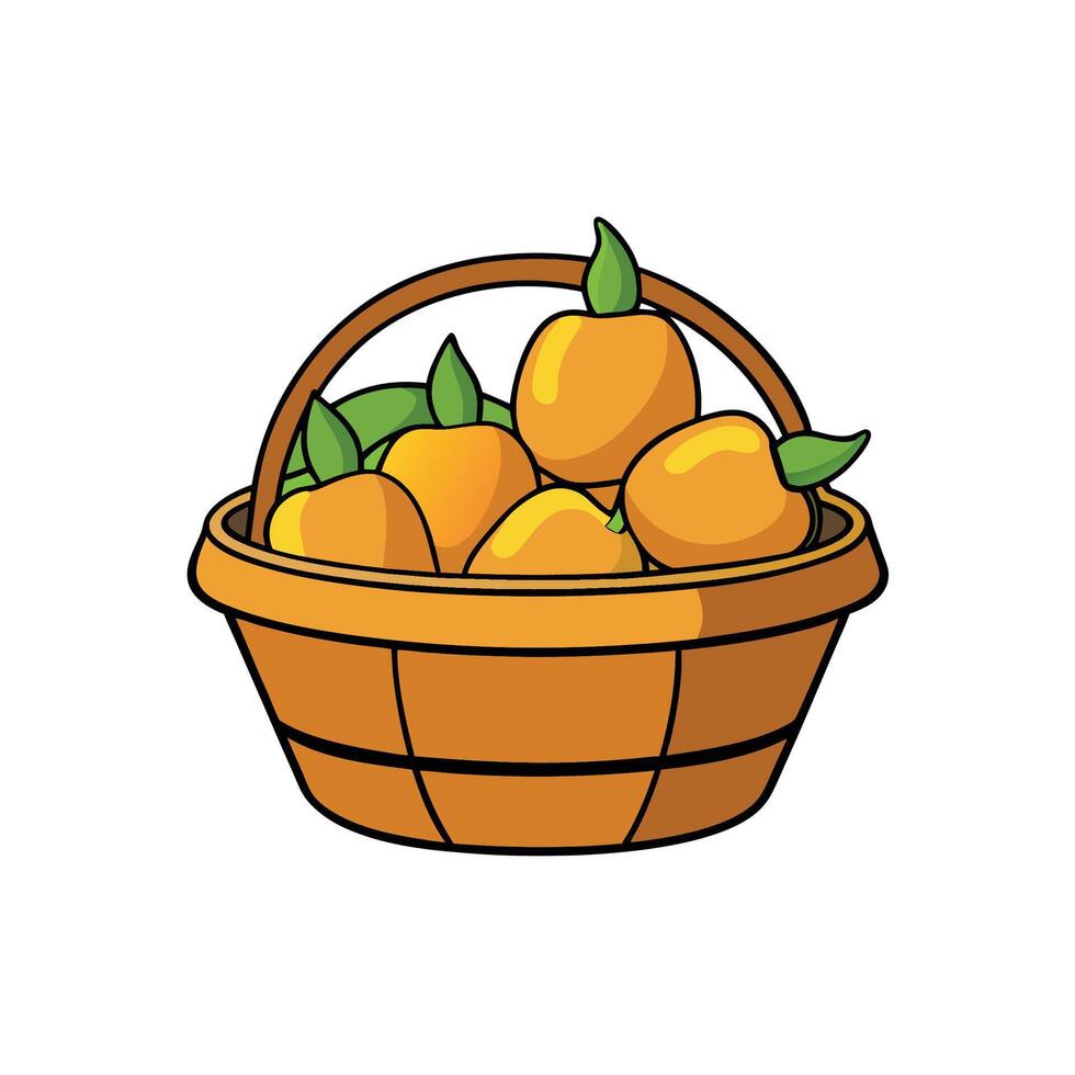 Illustration of a basket overflowing with peaches and leaves vector