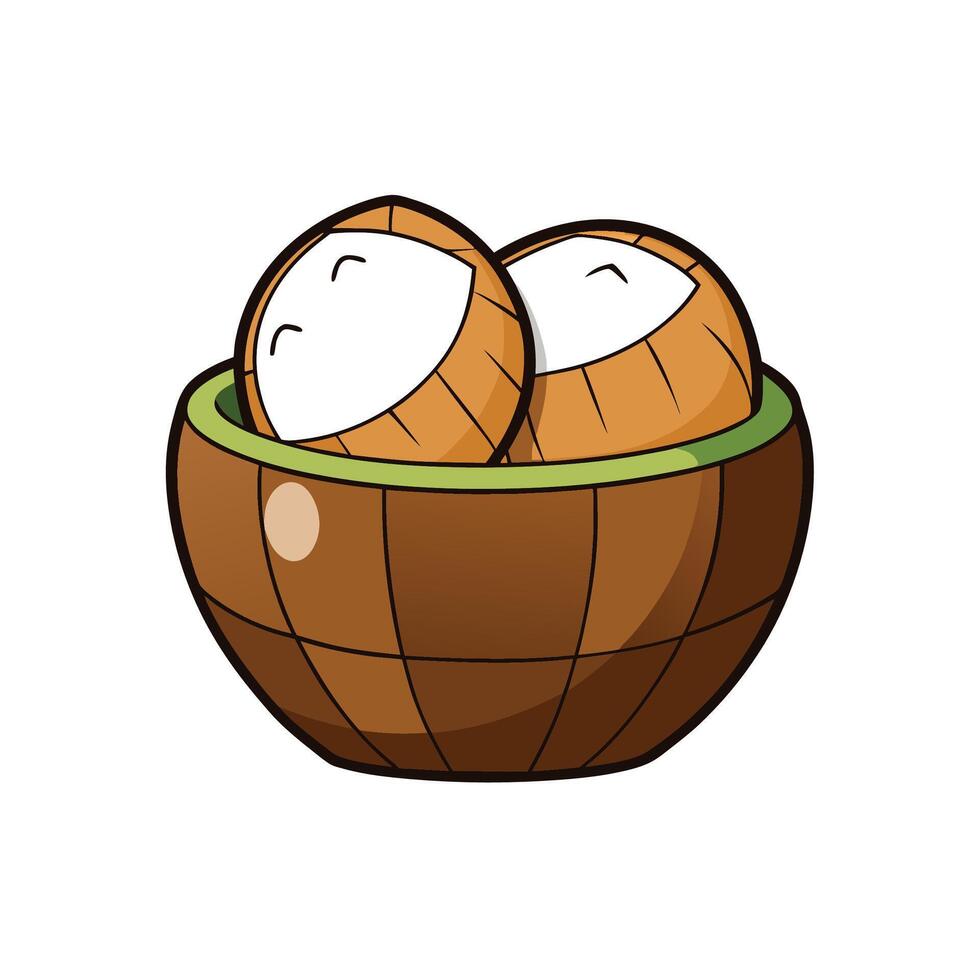 Two coconut halves in a wooden bowl illustration vector