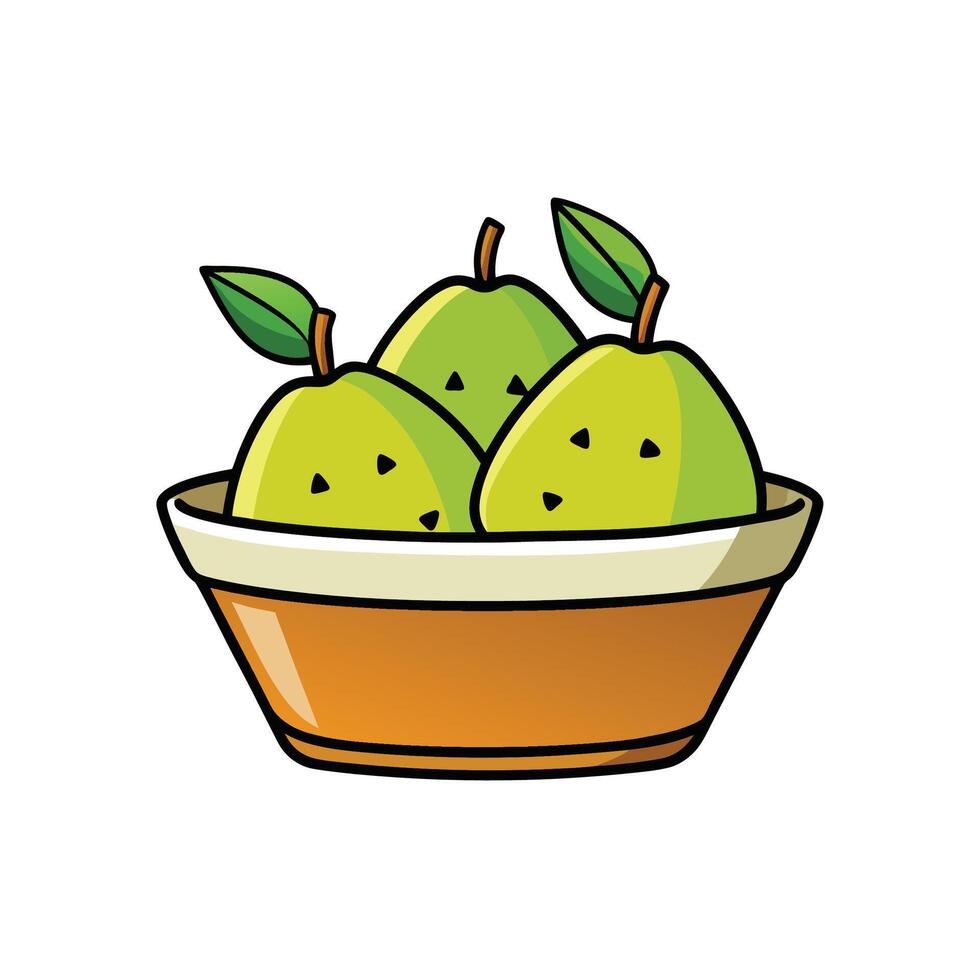 Three green pears in a bowl with leaves illustration vector