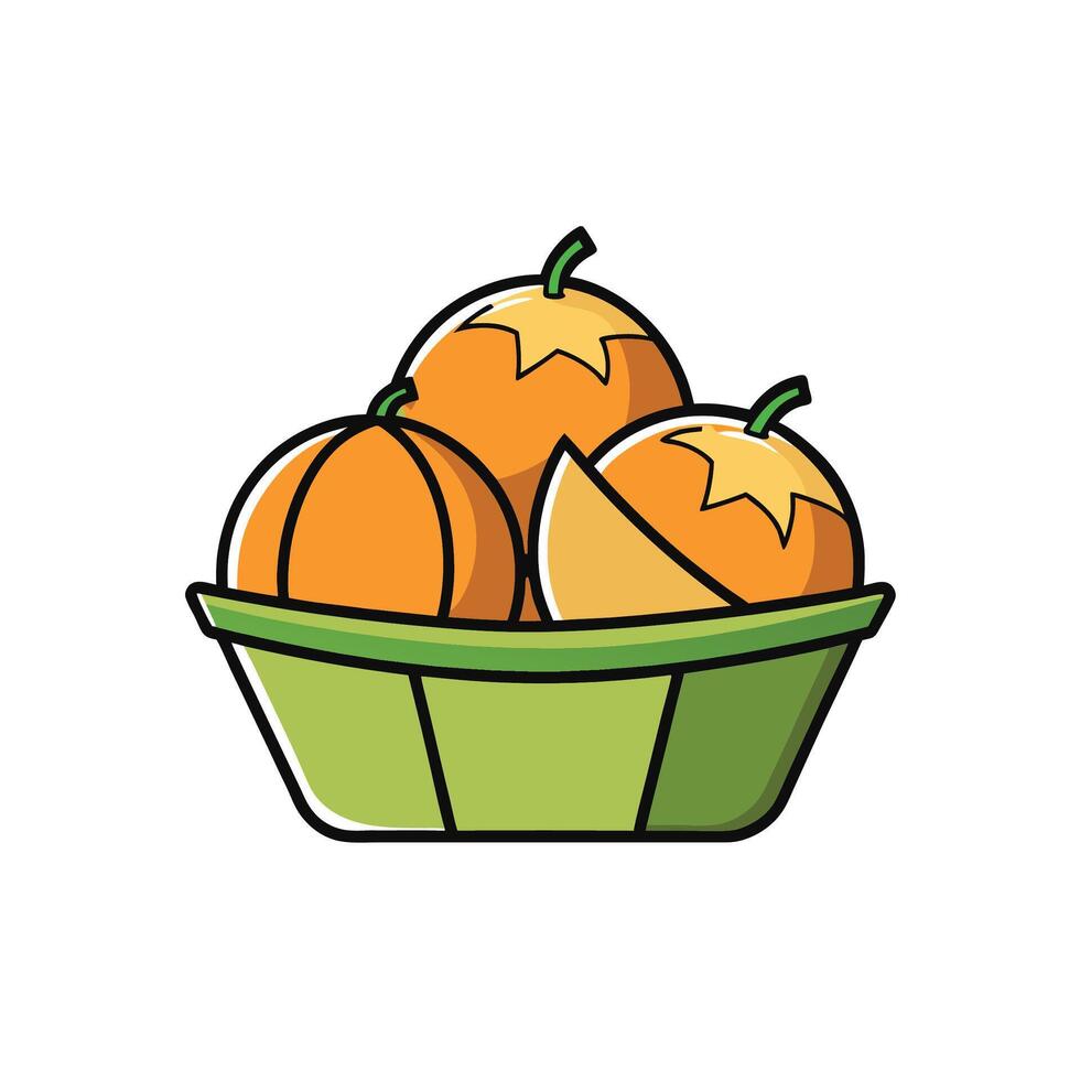 Cartoon style oranges in green bowl with black outline vector