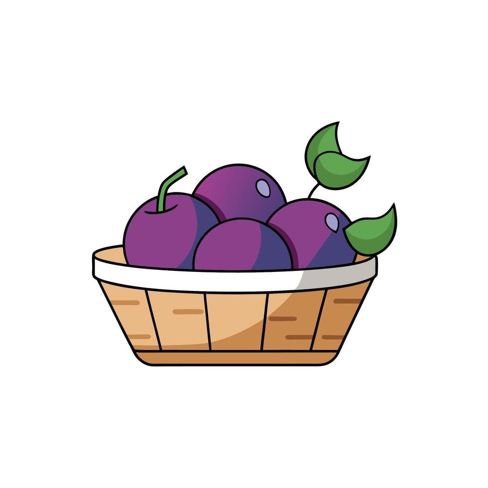 Basket of Fresh Plums with Leaves Cartoon Illustration vector