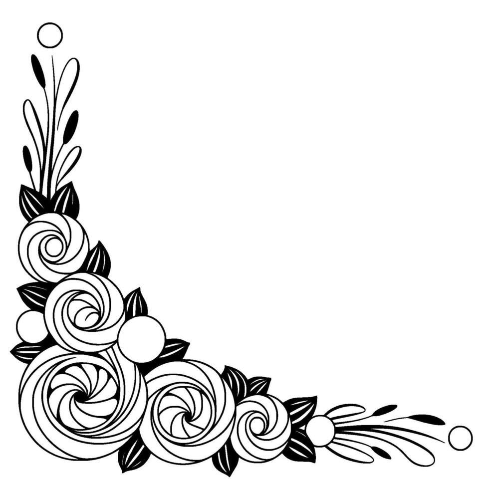 Elegant Floral Corner Border Black White Floral Swirls, Illustration vector