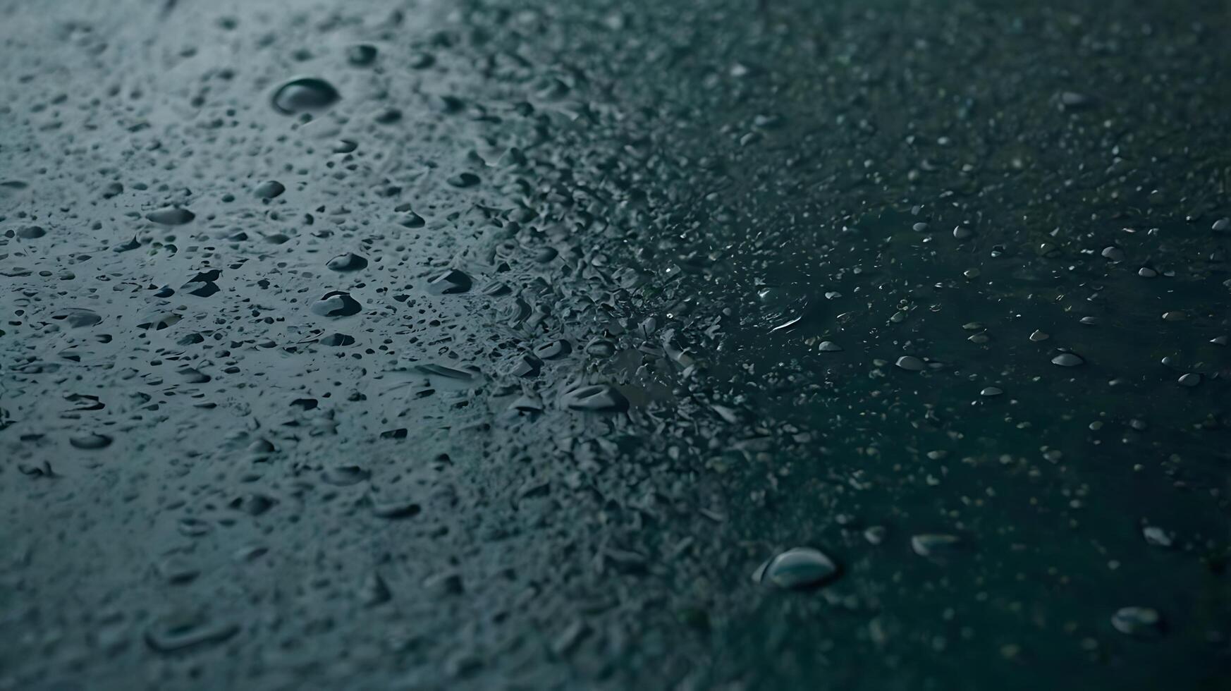 Close-up view of raindrops on a dark, smooth surface creating a wet and reflective texture, evoking a sense of calmness photo