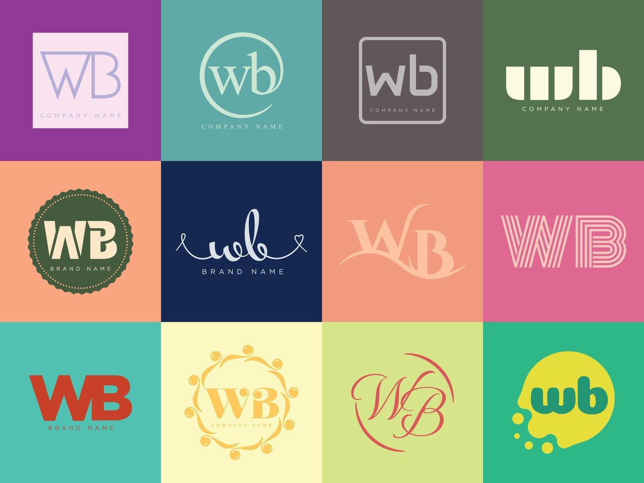 WB logo template. Letter w and b logotype. Set different classic serif lettering and modern bold text with design elements. Initial font typography. vector