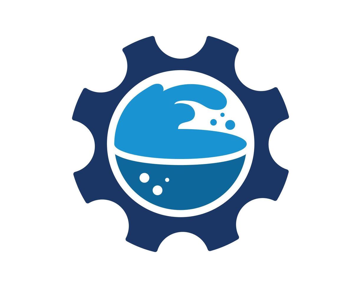 Modern graphic illustrating blue gear encircling stylized liquid with bubbles. Represents innovation, technology, and fluidity. Ideal for water, cleaning, engineering concepts. vector