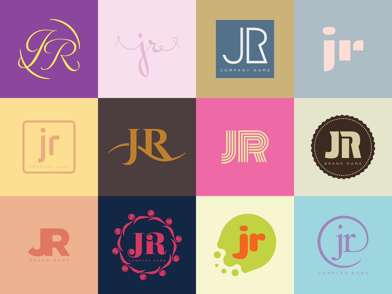 JR logo template. Letter j and r logotype. Set different classic serif lettering and modern bold text with design elements. Initial font typography. vector