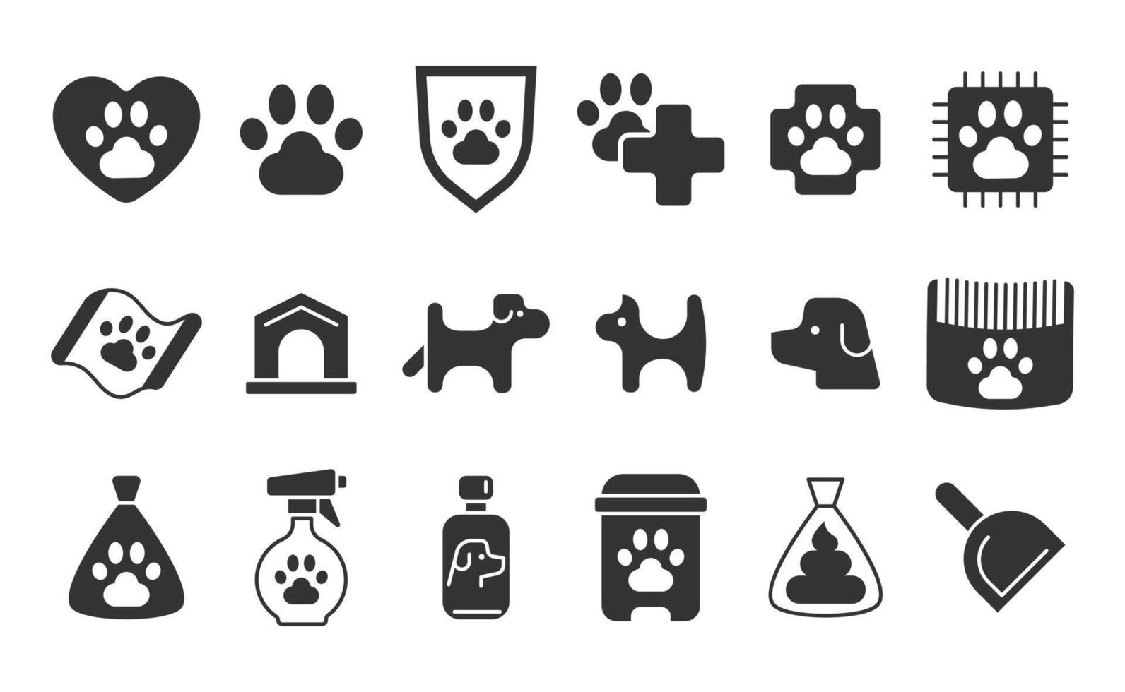 Black and white dog care icon set. Flat elements, clean design, perfect for pet services, veterinary, dog shelters. Simple, modern, easily adaptable. vector