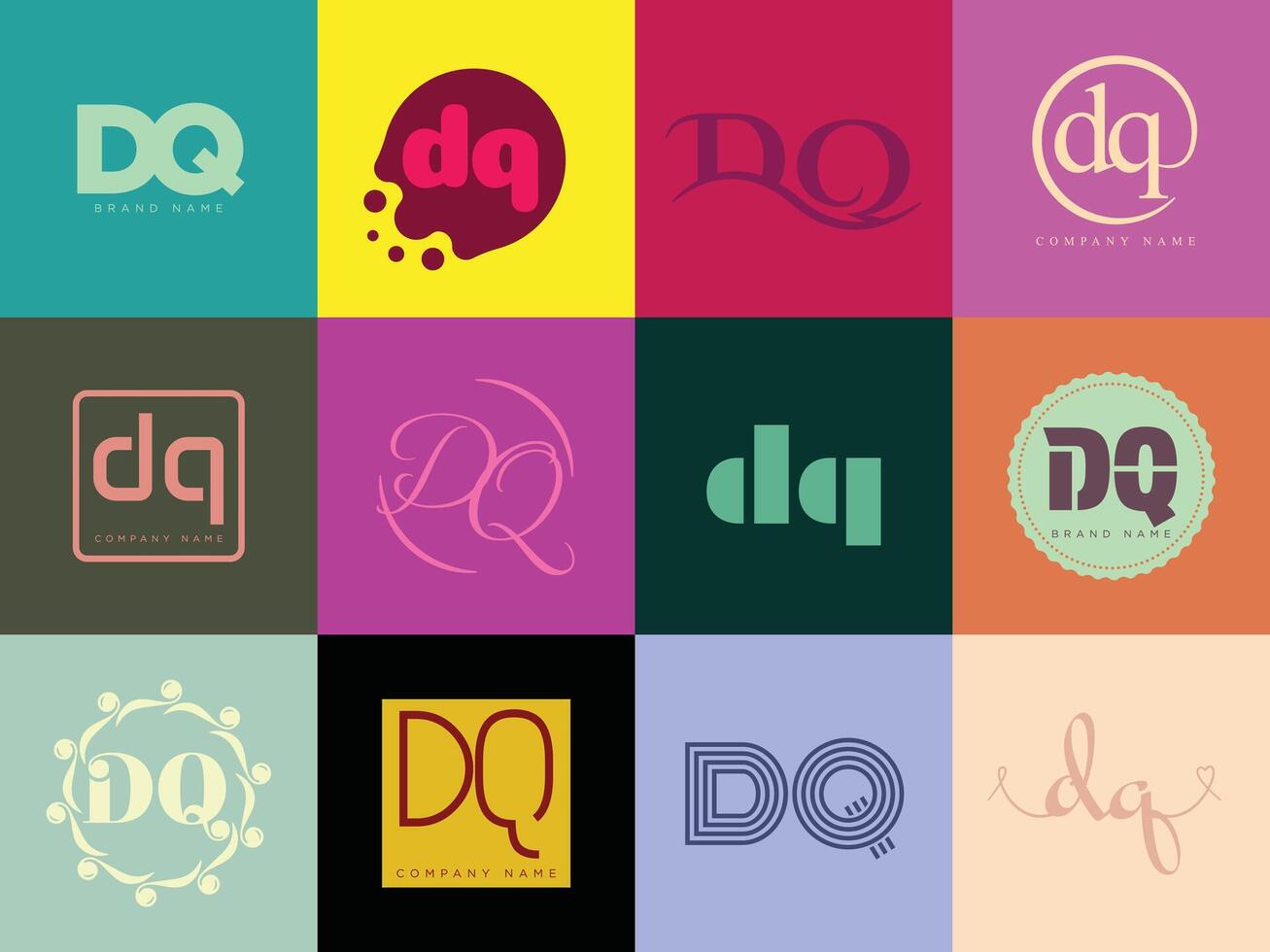 DQ logo template. Letter d and q logotype. Set different classic serif lettering and modern bold text with design elements. Initial font typography. vector