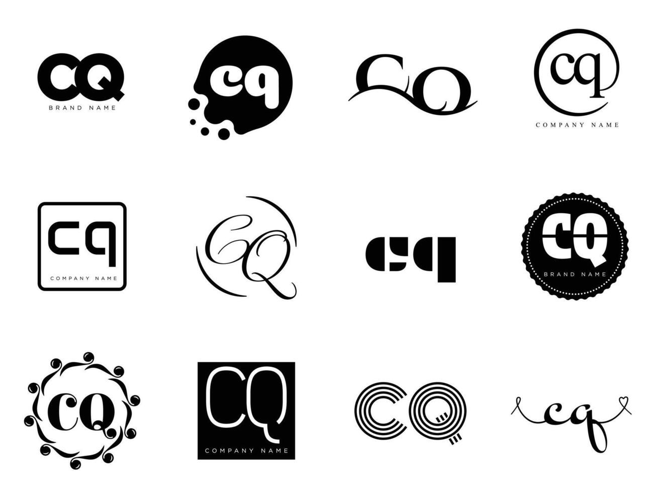 CQ logo template. Letter c and q logotype. Set different classic serif lettering and modern bold text with design elements. Initial font typography. vector