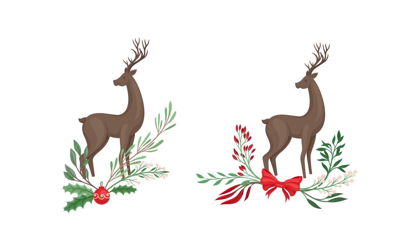 Set of graceful deers with tree branches, berries. Christmas holidays design element cartoon illustration vector