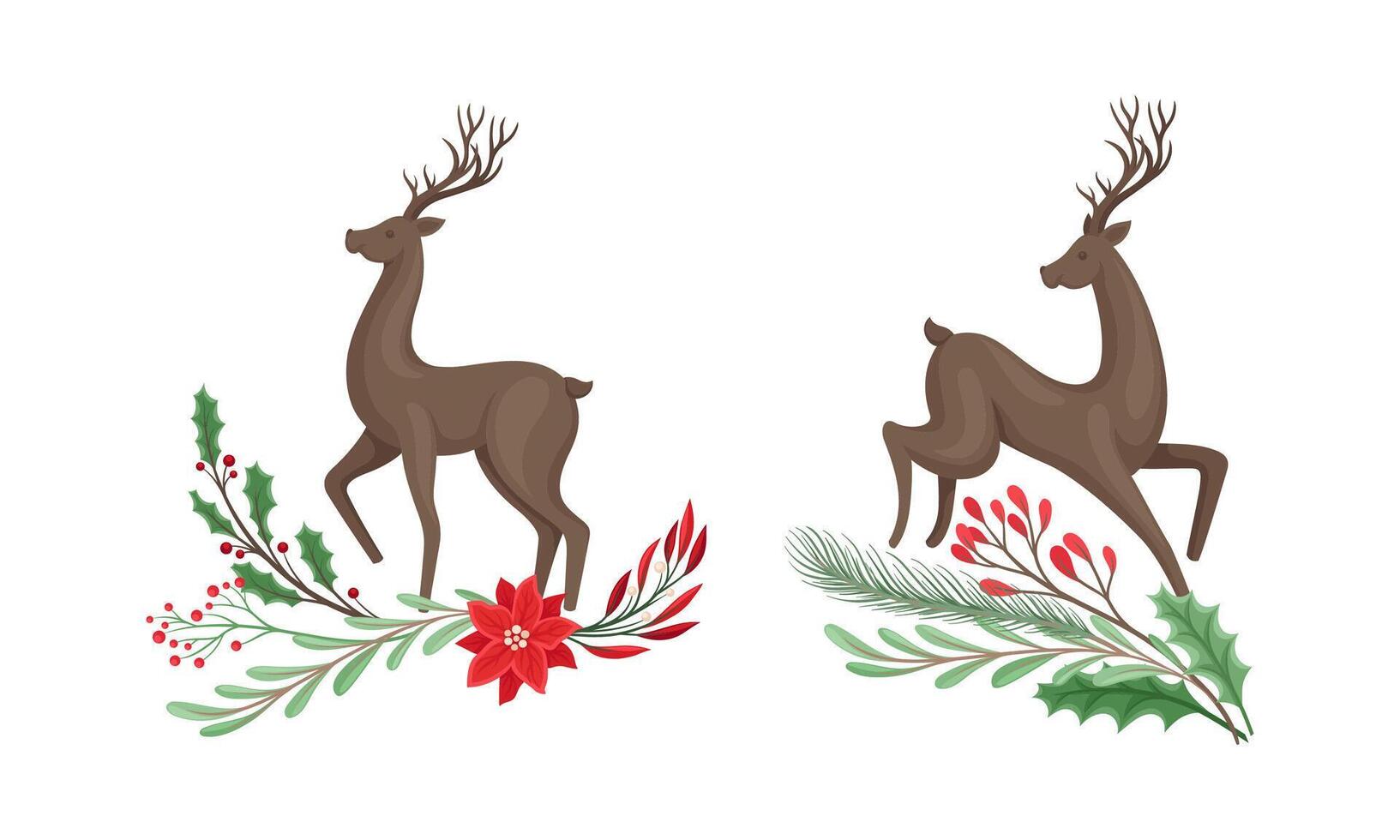 Set of deers with tree branches, flowers and holly berries. Autumn and winter season design elements cartoon illustration vector
