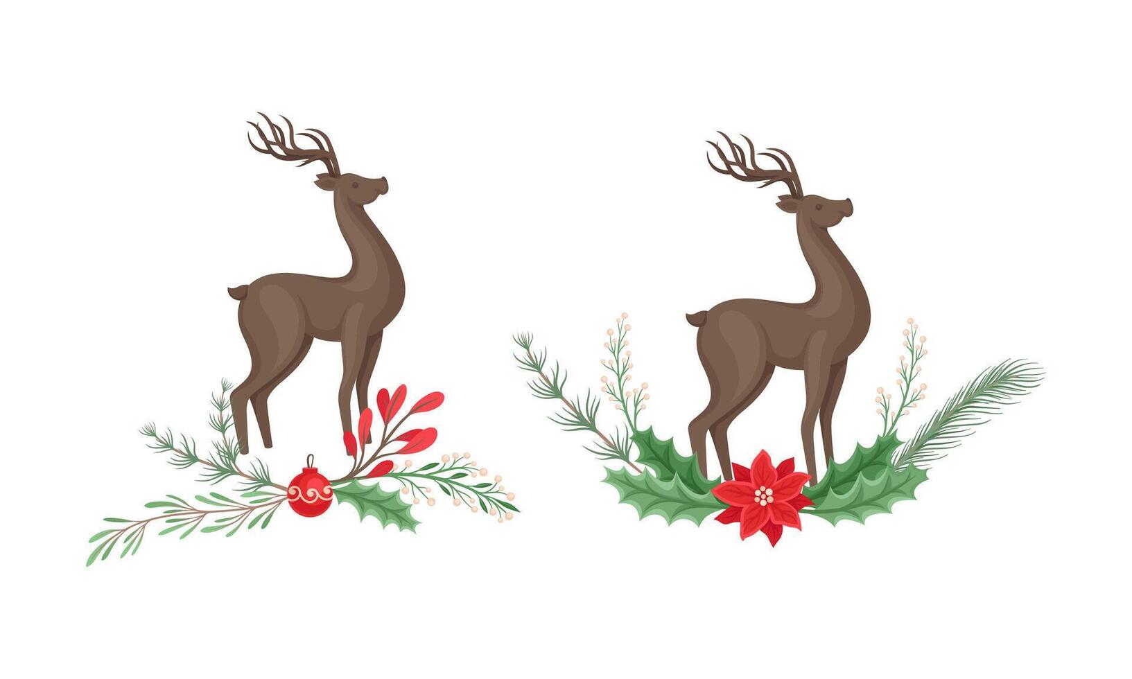 Set of deers with tree branches, flowers and holly berries. Christmas holidays design element cartoon illustration vector