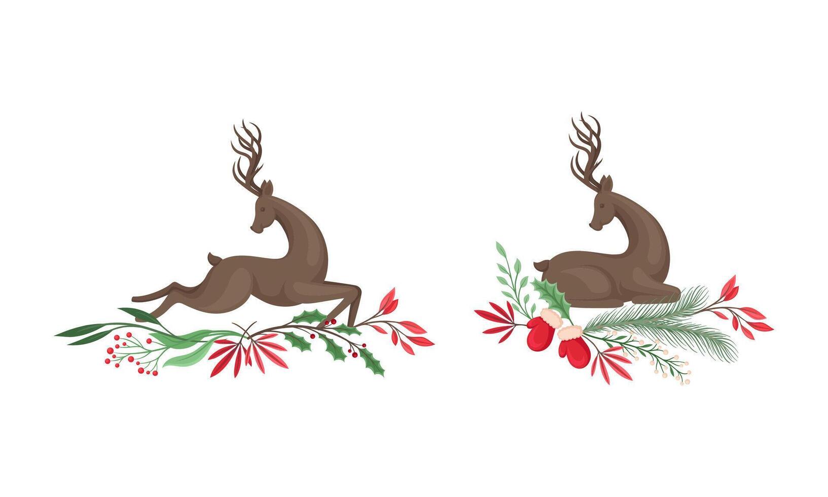 Graceful deers with tree branches, flowers and holly berries set. Christmas holidays design element cartoon illustration vector