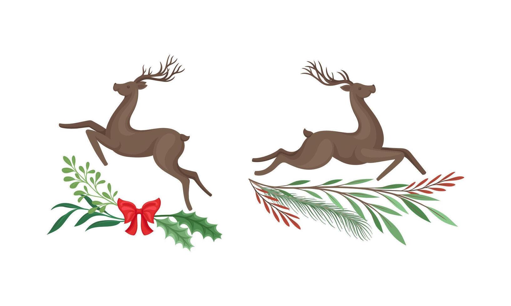 Graceful deers set, Christmas holidays design element with tree branches cartoon illustration vector