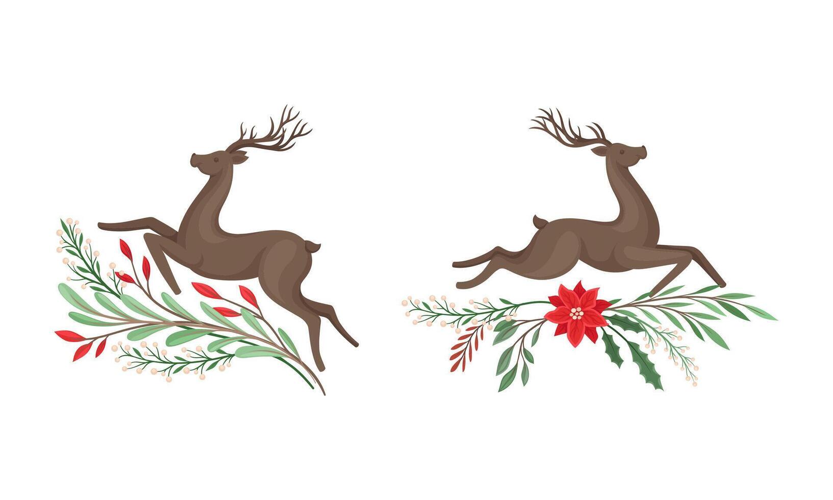 Graceful jumping deers set, Christmas holidays design element with tree branches cartoon illustration vector