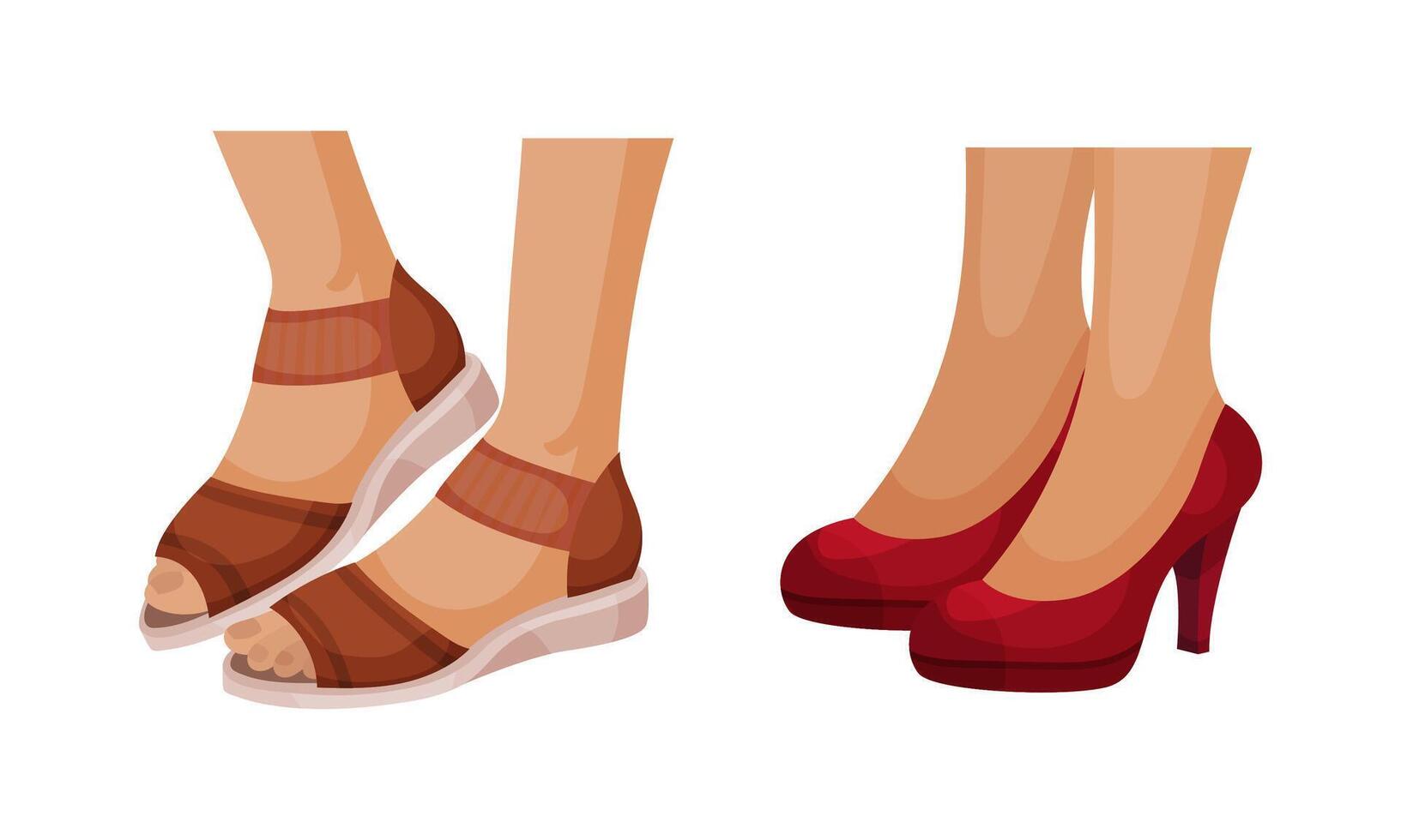 Set of female leegs in trendy shoes. Sandals and high heel shoes seasonal footwear in casual style illustration vector