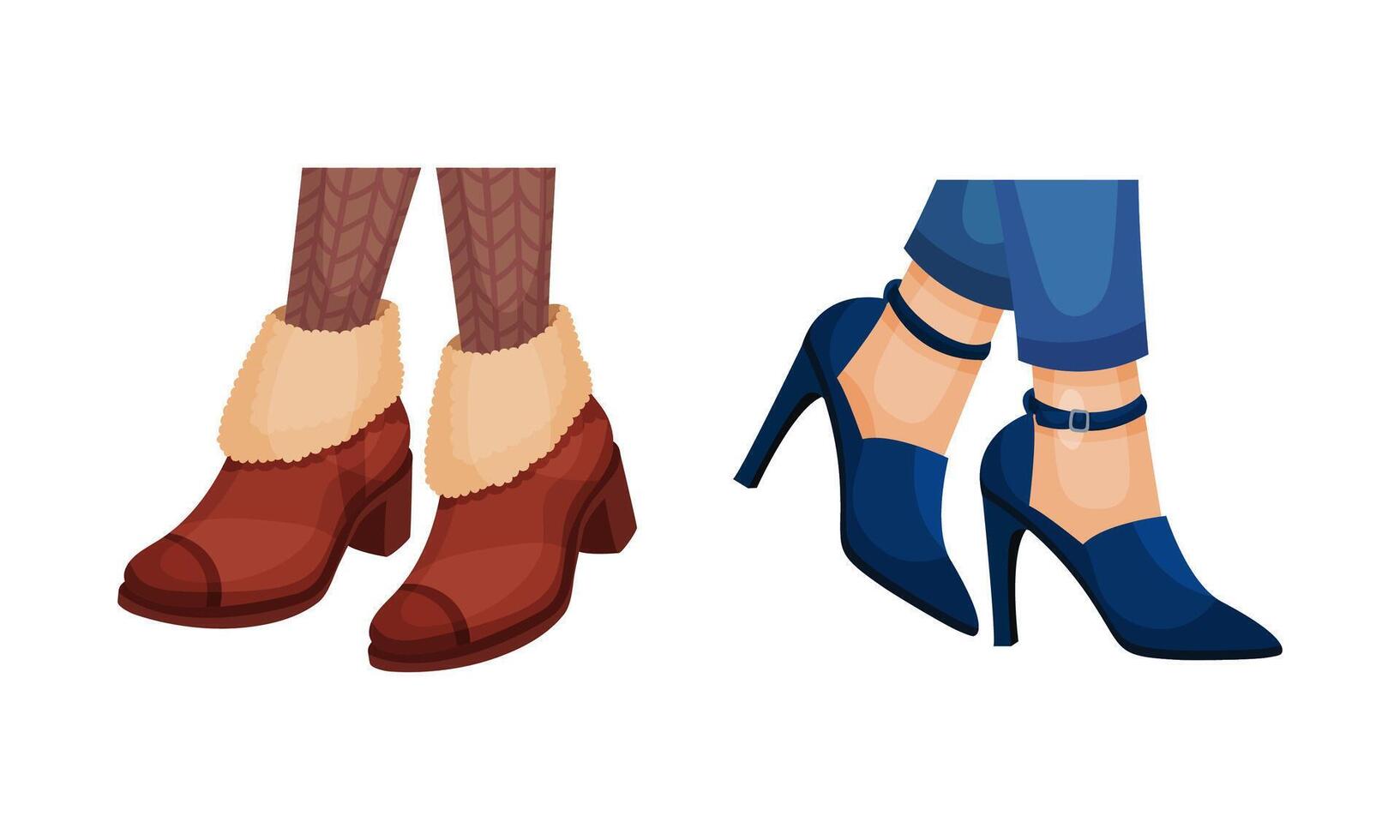 Set of female leegs in trendy shoes. Leather boots and high heel shoes, seasonal footwear in casual style illustration vector