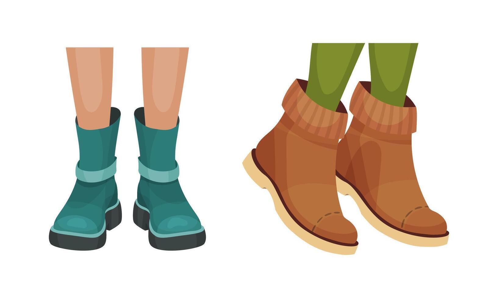 Set of female leegs in trendy shoes. Leather boots seasonal footwear in casual style illustration vector