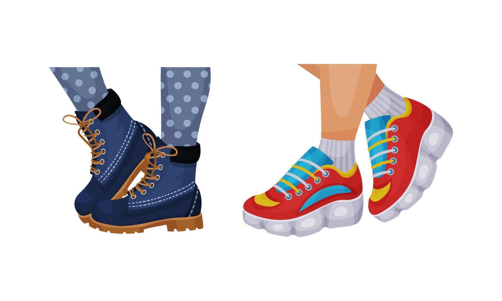 Set of female leegs in trendy shoes. Leather boots and sneakers footwear in casual style illustration vector