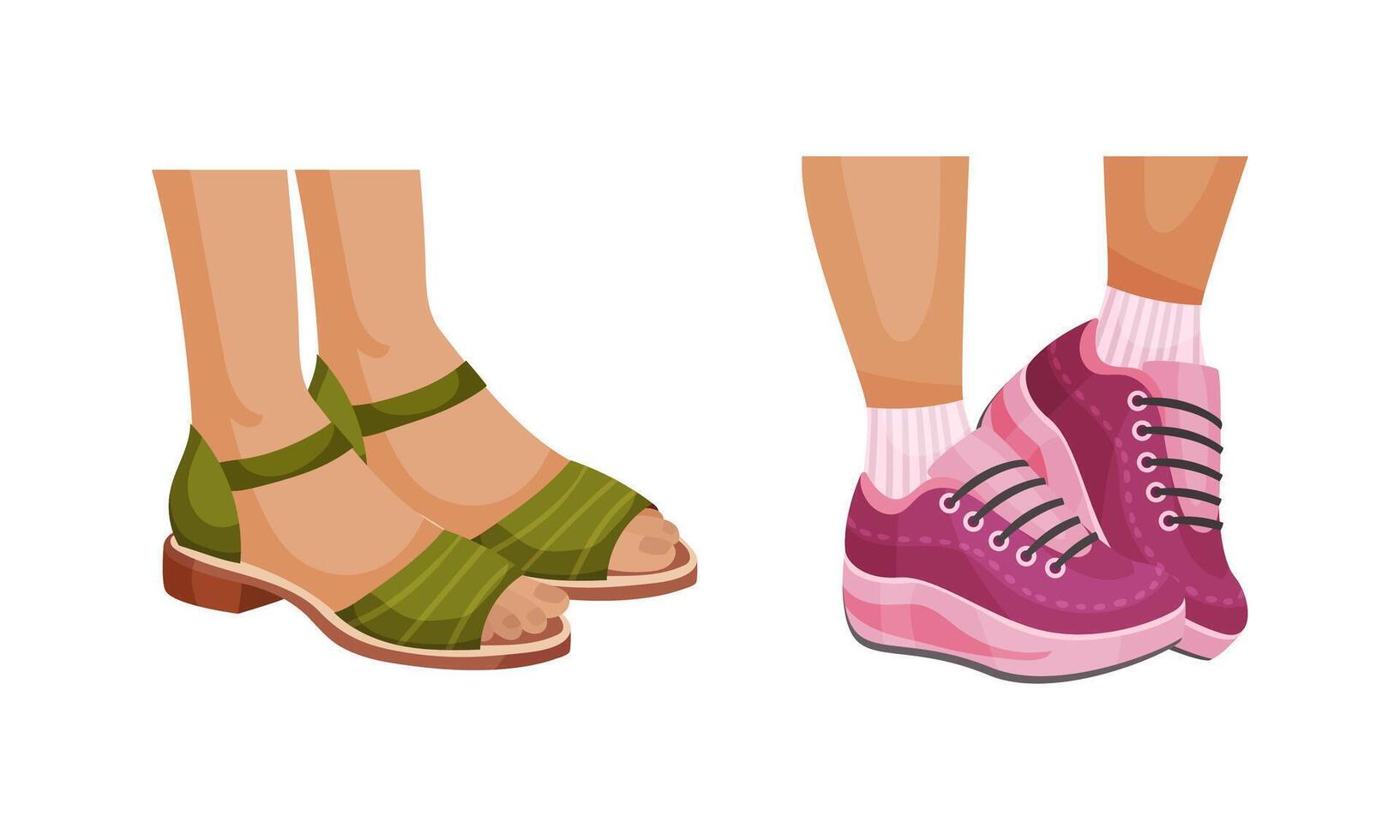 Set of female leegs in trendy shoes. Sandals and sneakers seasonal footwear in casual style illustration vector