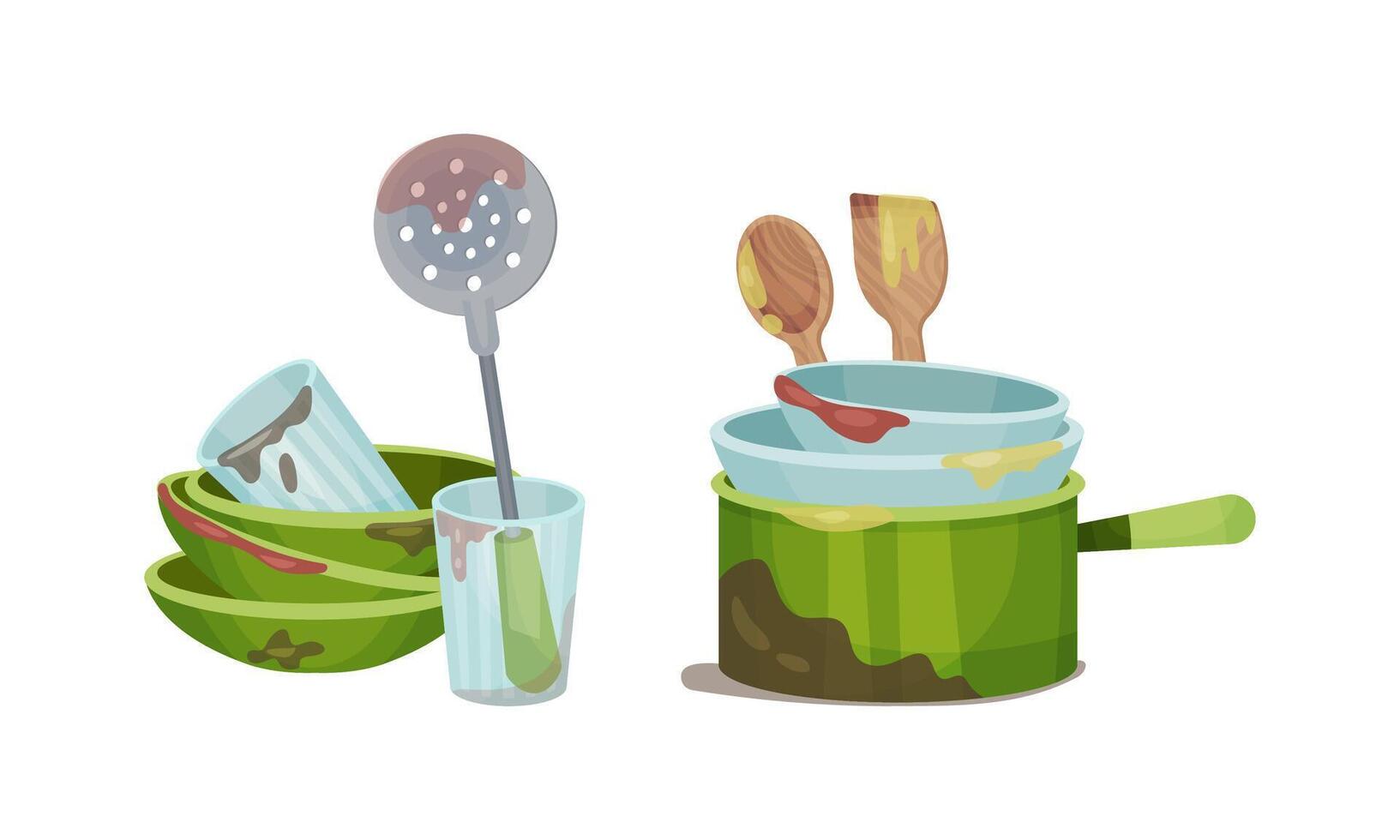 Dirty dishes set. Restaurant or household kitchenware utensils, unwashed plates, glasses, saucepan illustration vector