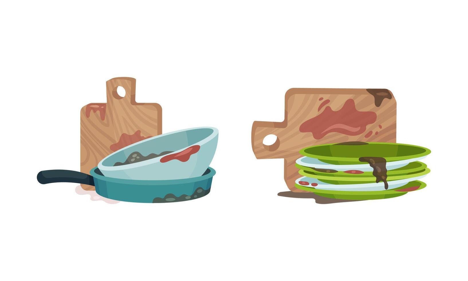 Dirty dishes set. Restaurant or household kitchenware utensils, unwashed plates, cutting boards and frying pan illustration vector