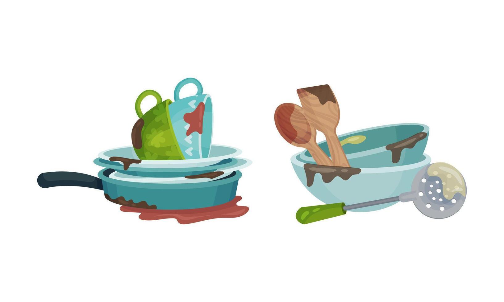Dirty dishes set. Restaurant or household kitchenware utensils, unwashed cups, plates, frying pan and kitchen tools illustration vector